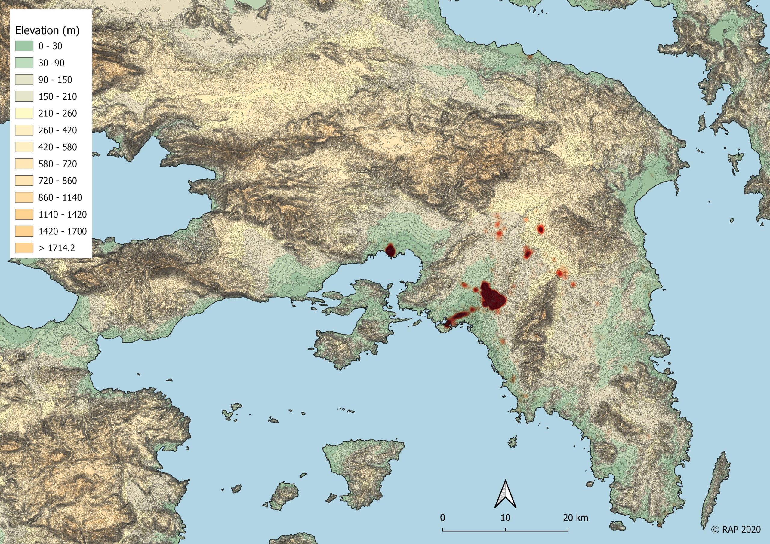 Χάρτης θερμότητας/συγκέντρωσης των ρωμαϊκών θέσεων στην Αττική
